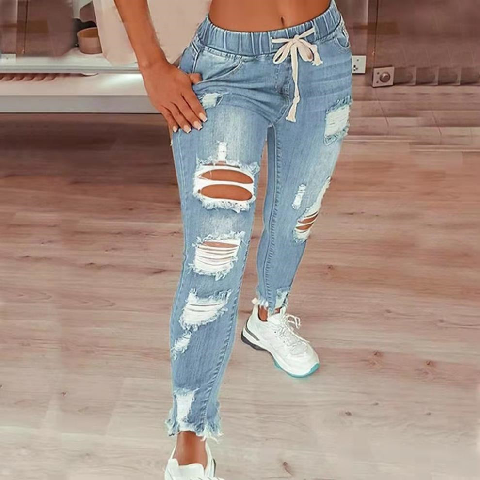 Ripped Long Denim Pants High Rise Elastic Waist Drawstring Jeans