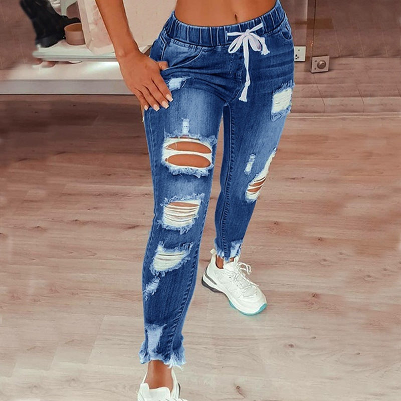 Ripped Long Denim Pants High Rise Elastic Waist Drawstring Jeans