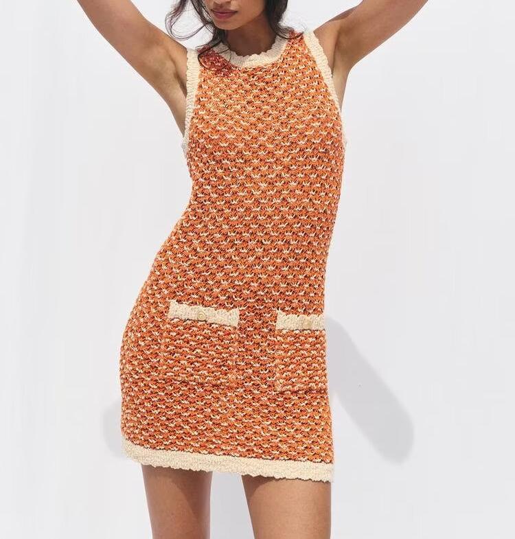 Round Neck Pocket Decorative Texture Knitted Mini Dress