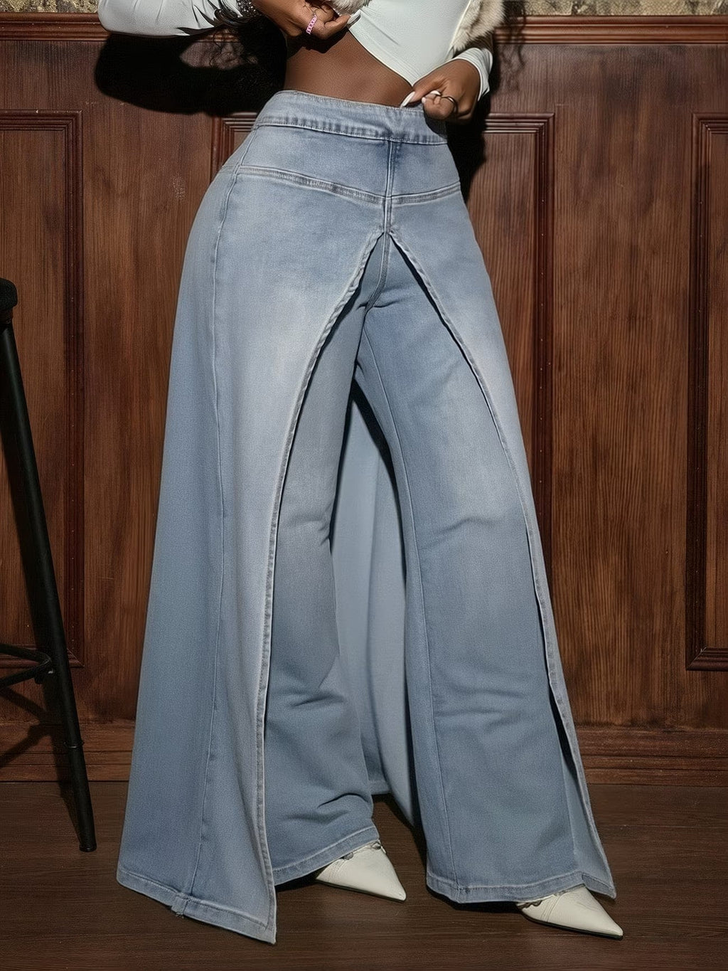 Women's Jeans, Washed High-Waisted Double-Layer Split Straight-Leg Pants, Cross-Border Trendy Slim-Fit Floor-Length Denim