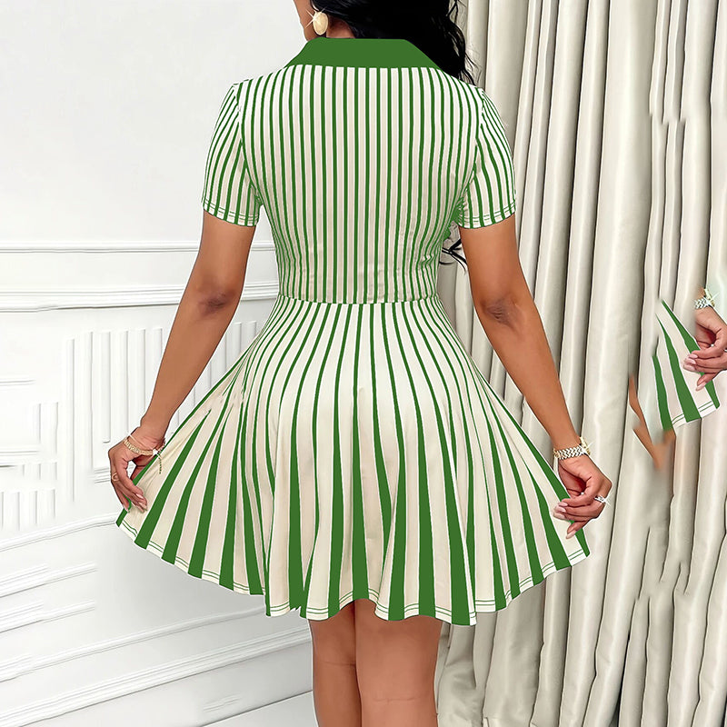Elegant Striped V-neck Short Mini Dress