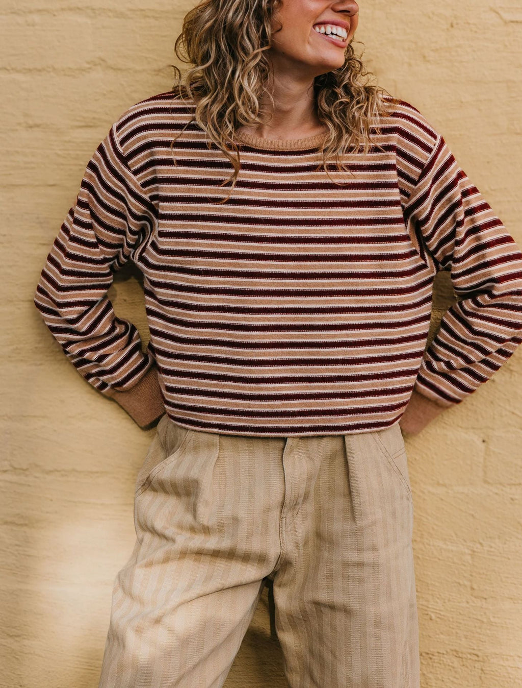 Womens Round-neck Knitted Striped Color-block Sweater