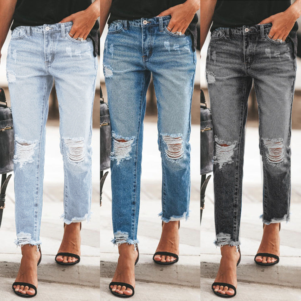 Ripped Non-elastic Retro Fashion Jeans