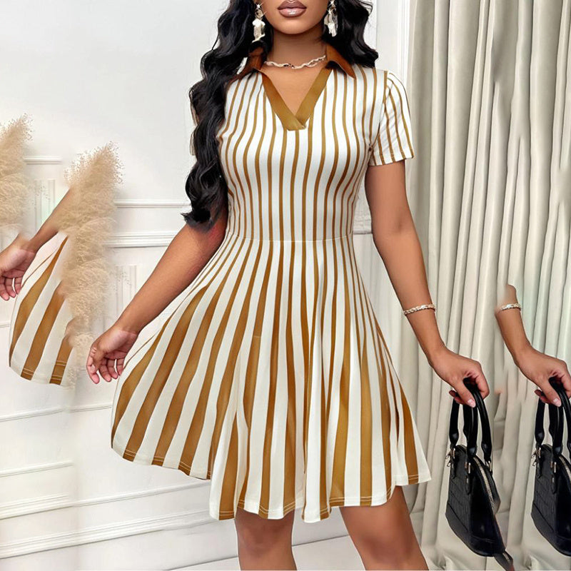 Elegant Striped V-neck Short Mini Dress
