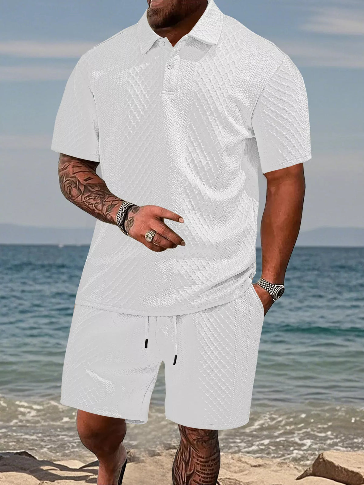 Knit Polo Shirt & Shorts Set Plus Size