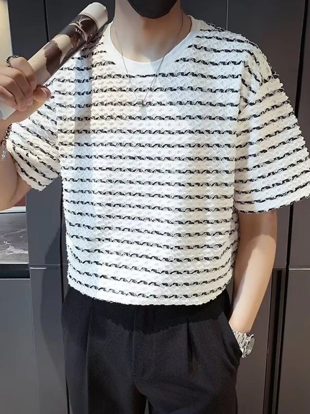 Plus Size Casual Striped Wave Pattern Short Sleeve T-Shirt