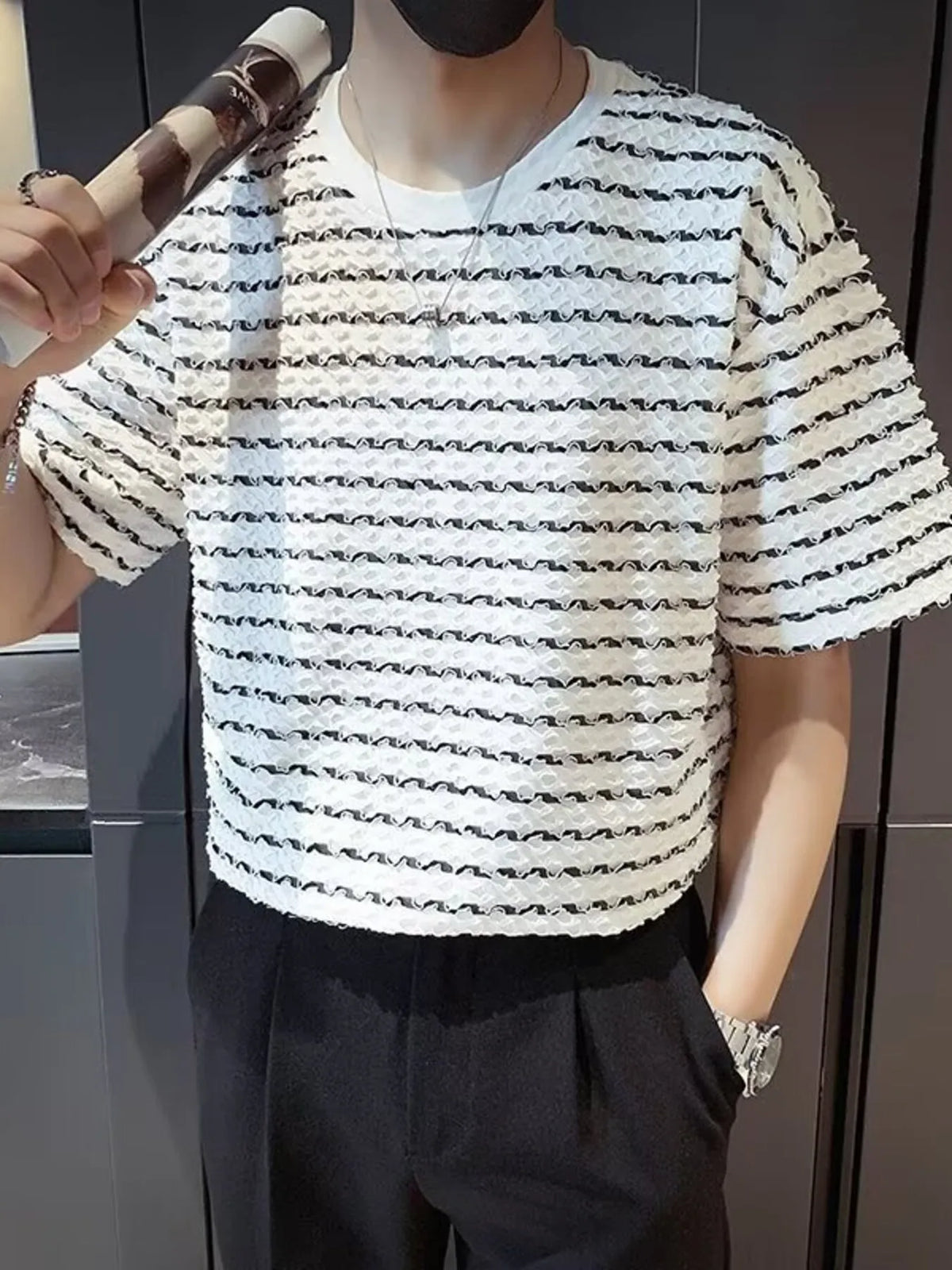 Plus Size Casual Striped Wave Pattern Short Sleeve T-Shirt