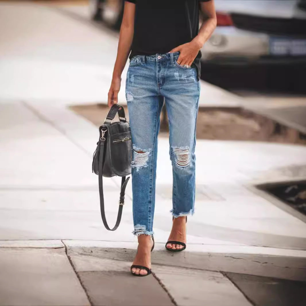 Ripped Non-elastic Retro Fashion Jeans