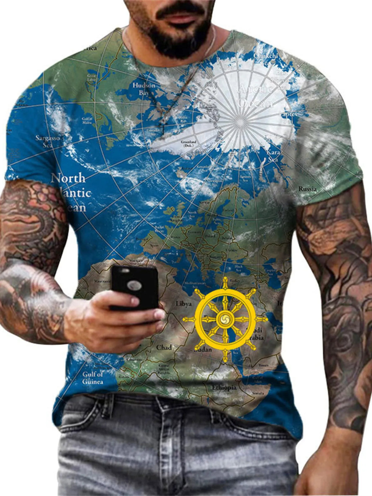 Full Size Artistic Compass Graphic Round Neck T-Shirt