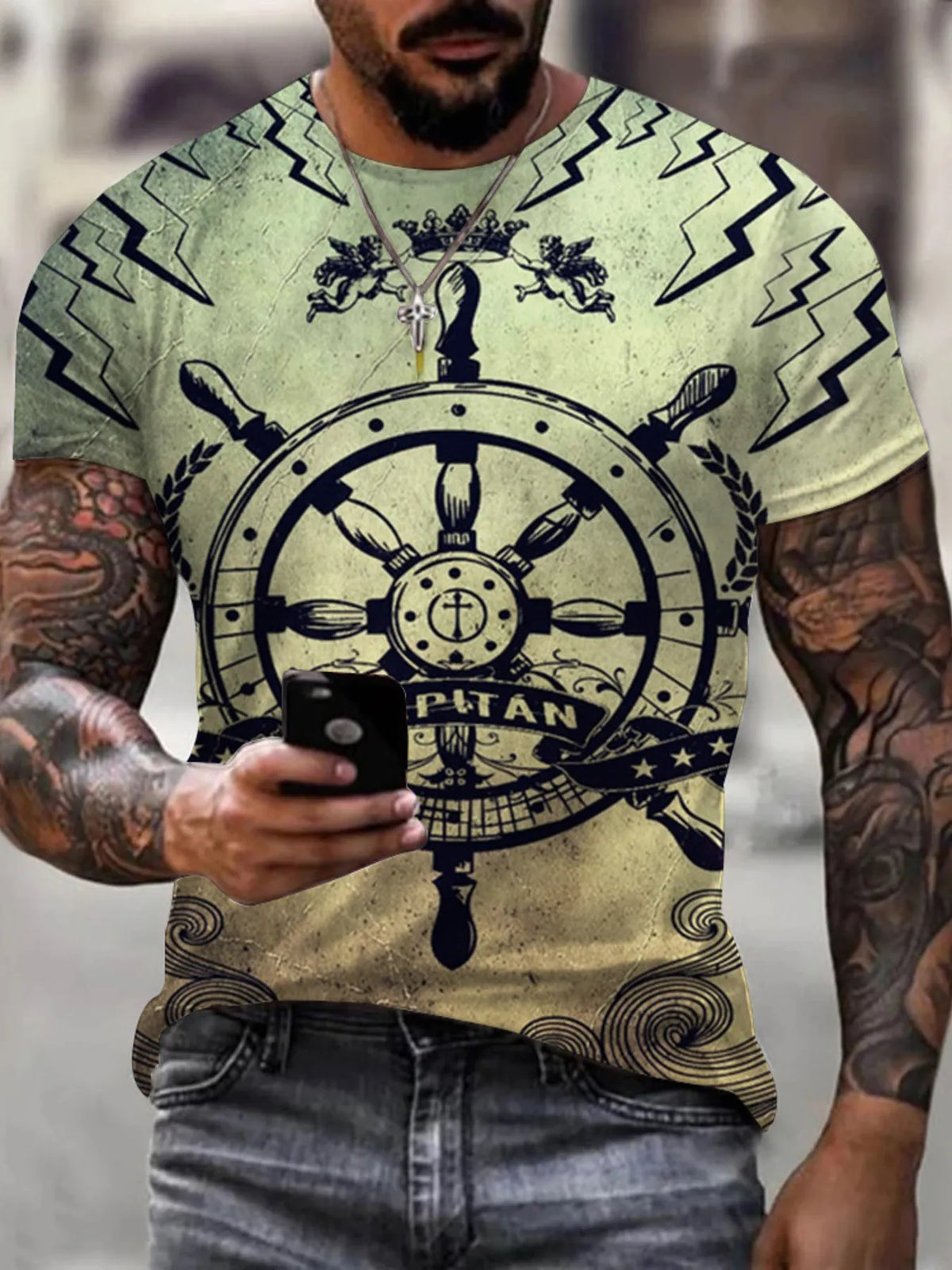 Full Size Artistic Compass Graphic Round Neck T-Shirt