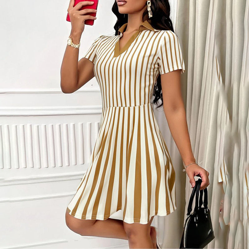 Elegant Striped V-neck Short Mini Dress