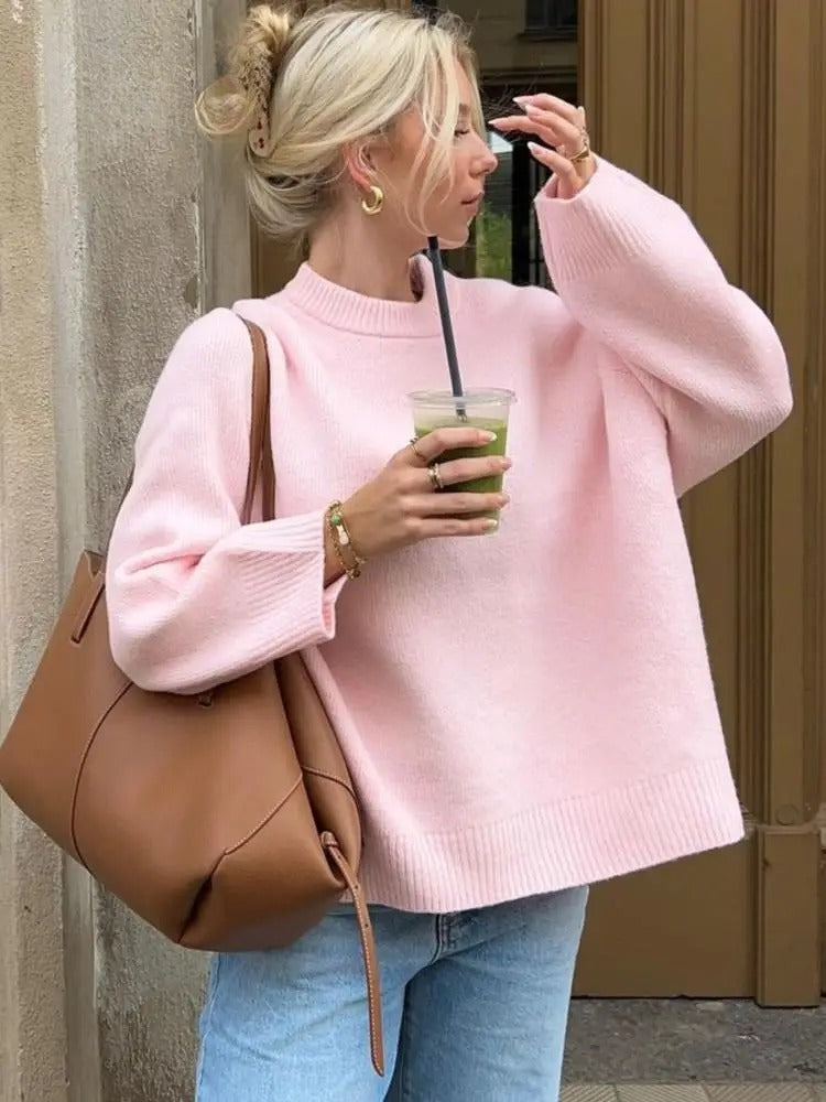 Fashion Pink Solid Warm Thick Loose Sweater Women