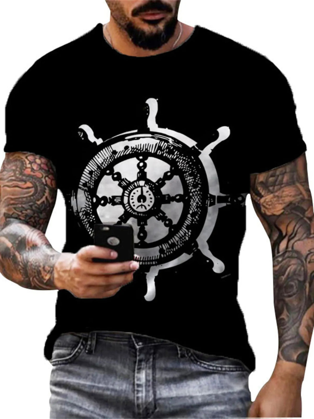 Full Size Artistic Compass Graphic Round Neck T-Shirt