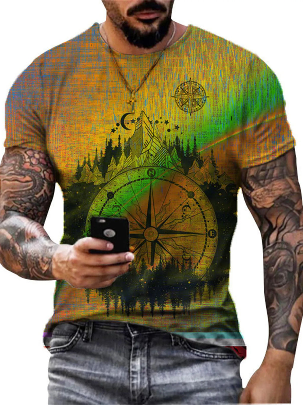 Full Size Artistic Compass Graphic Round Neck T-Shirt