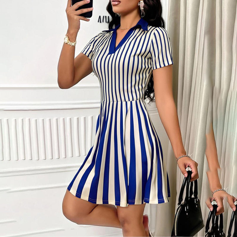 Elegant Striped V-neck Short Mini Dress