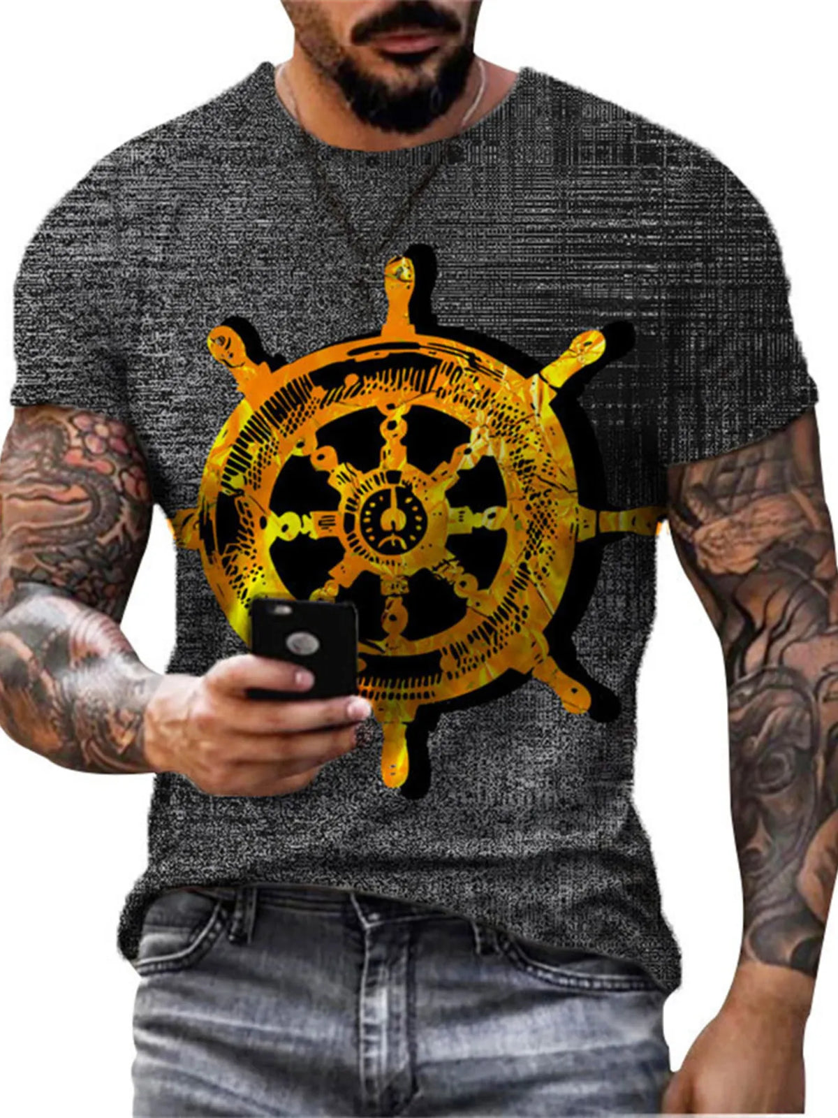 Full Size Artistic Compass Graphic Round Neck T-Shirt