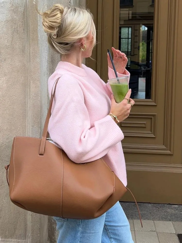 Fashion Pink Solid Warm Thick Loose Sweater Women