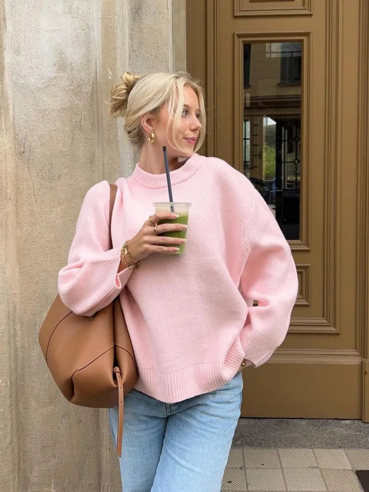 Fashion Pink Solid Warm Thick Loose Sweater Women