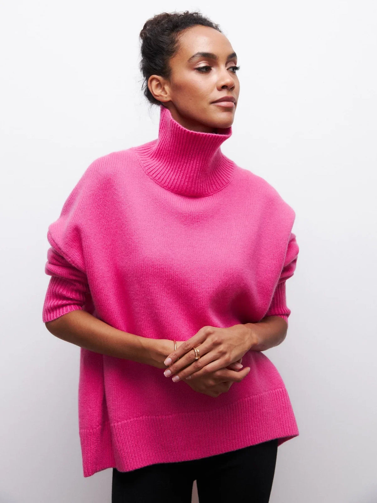 Fashion Pink Solid Warm Thick Loose Sweater Women