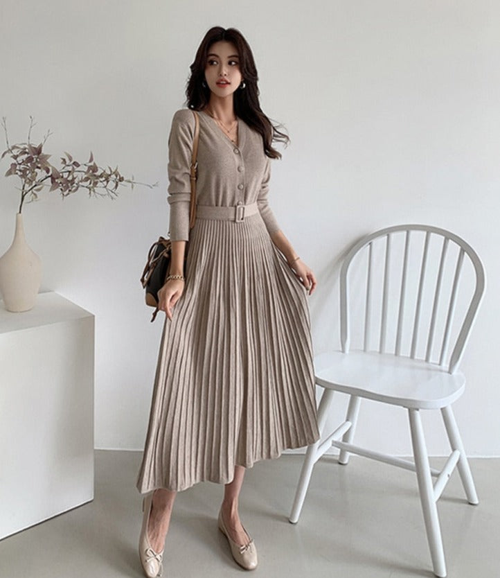 Women Sweater Dress Knitted Belted Female A-line soft dresses