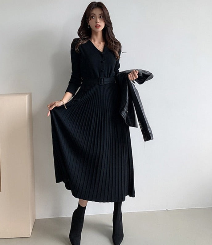 Women Sweater Dress Knitted Belted Female A-line soft dresses