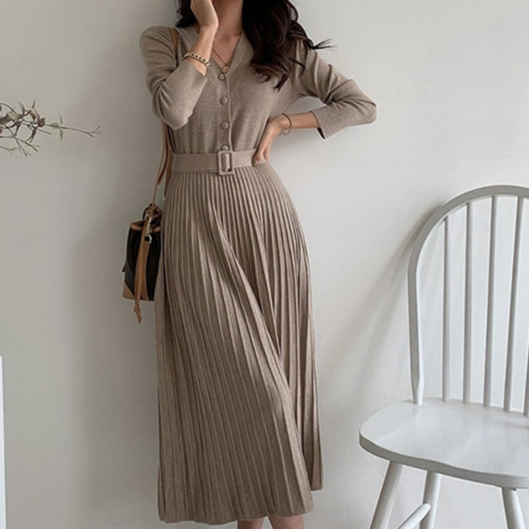 Women Sweater Dress Knitted Belted Female A-line soft dresses