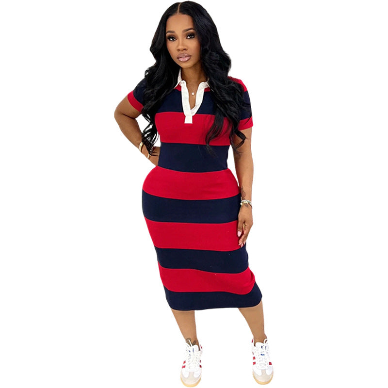 Polo Collar Contrast Color Slim Fit Dress