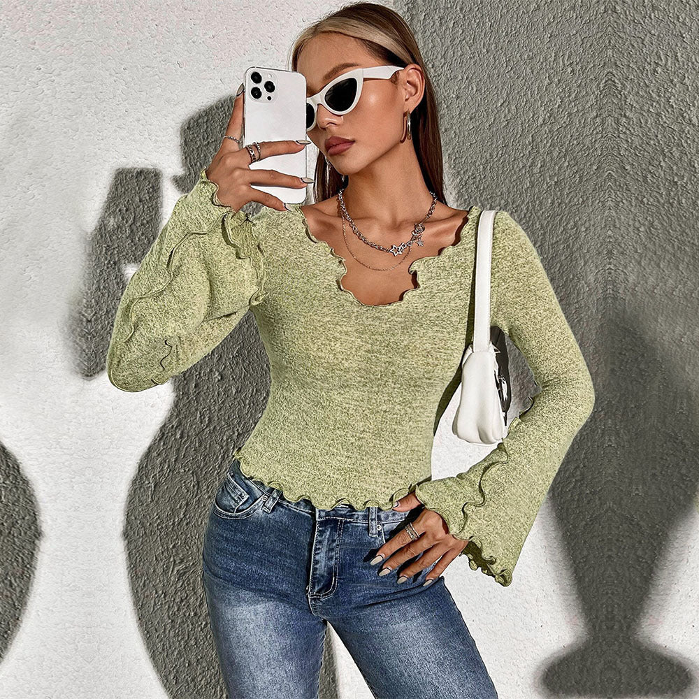 Autumn Winter Edging Design Short Bell Sleeve Top