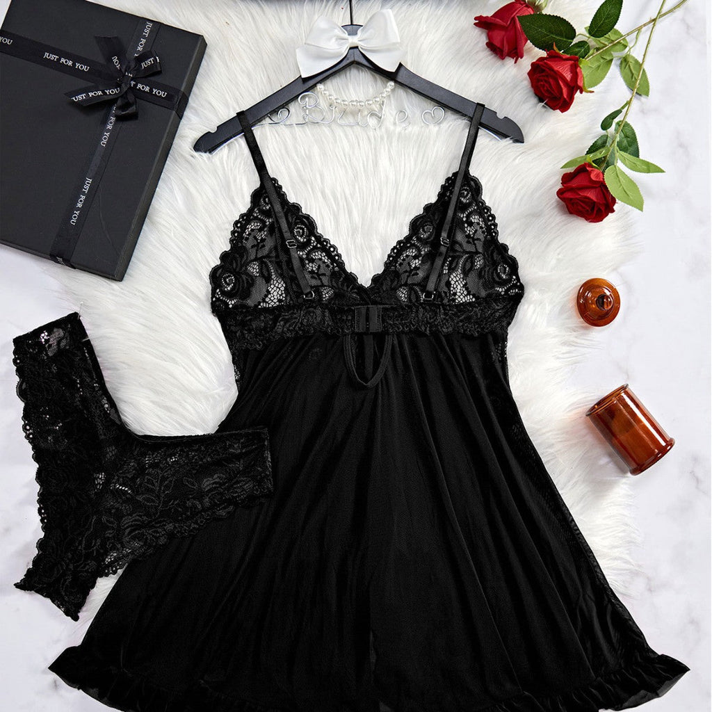 2 Pieces Lingerie Set Semi-transparent Thong Underwear Nightgown
