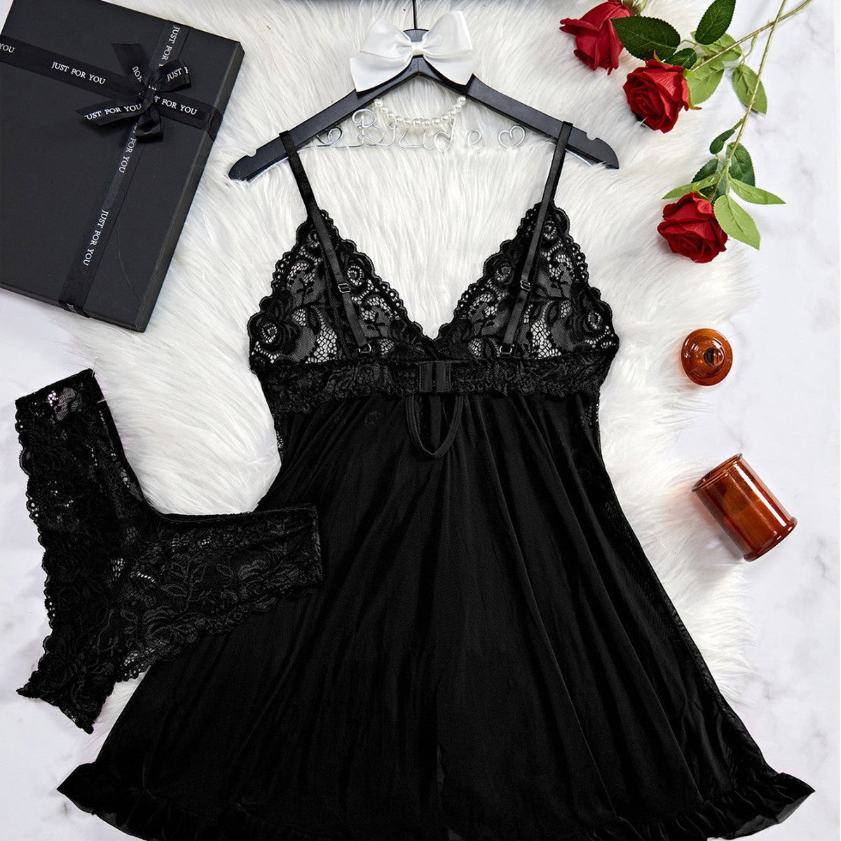 2 Pieces Lingerie Set Semi-transparent Thong Underwear Nightgown