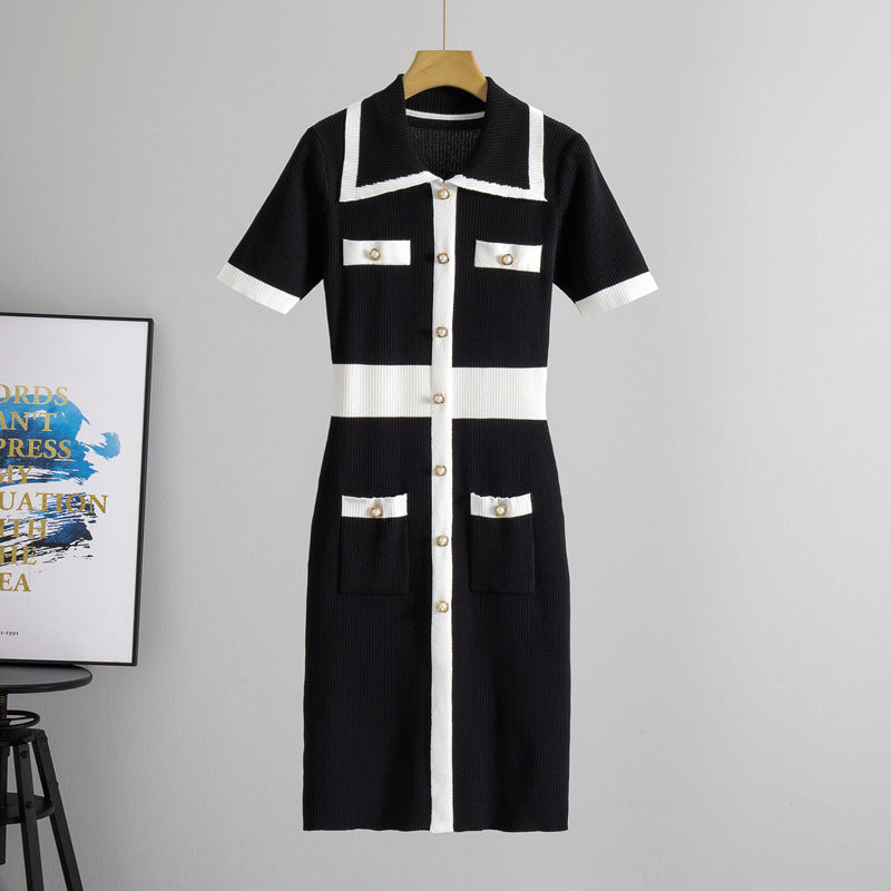 Contrast Color Short Sleeve High Waist Knitted Dress