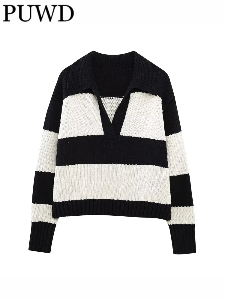 Striped Knit Sweater Vintage Polo Neck Long Sleeve