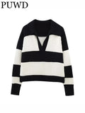 Striped Knit Sweater Vintage Polo Neck Long Sleeve