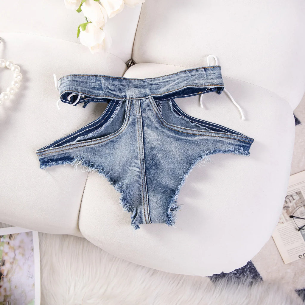 Sexy Hollow Out Women Denim Shorts Hole Bandage Night Club Pole Dance Hot Jeans Lace-Up Shorts