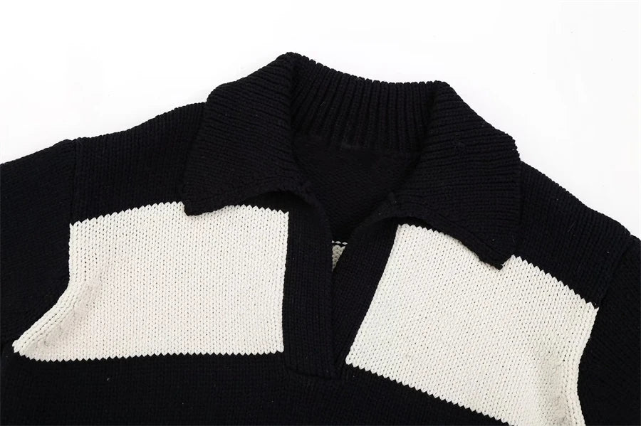 Striped Knit Sweater Vintage Polo Neck Long Sleeve