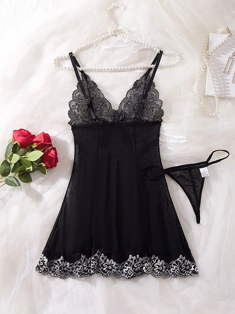 See Through Sexy Deep V Embroidered Nightdress