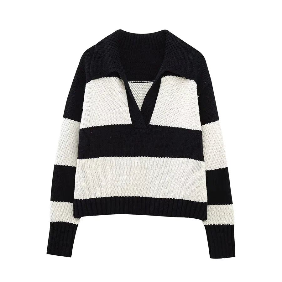 Striped Knit Sweater Vintage Polo Neck Long Sleeve