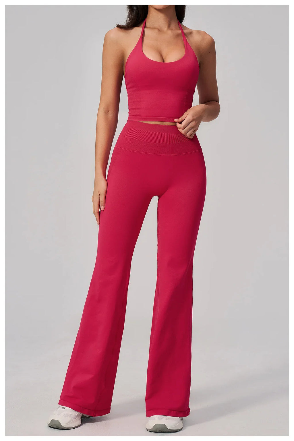 New Yoga Sets Women Seamless Thread Hanging Neck Sports Vest Exercise Fitness Suit High Waist Wide Leg Pants Tracksuit
