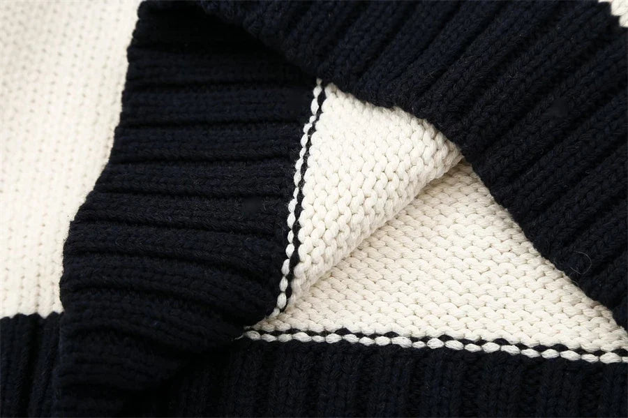 Striped Knit Sweater Vintage Polo Neck Long Sleeve