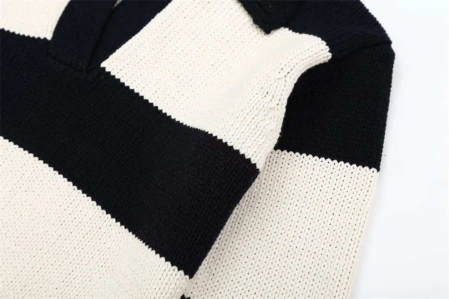 Striped Knit Sweater Vintage Polo Neck Long Sleeve