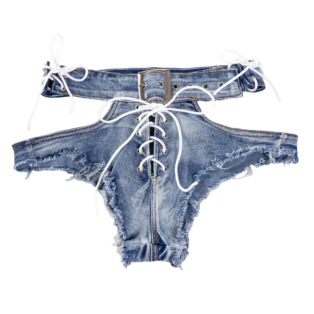 Sexy Hollow Out Women Denim Shorts Hole Bandage Night Club Pole Dance Hot Jeans Lace-Up Shorts