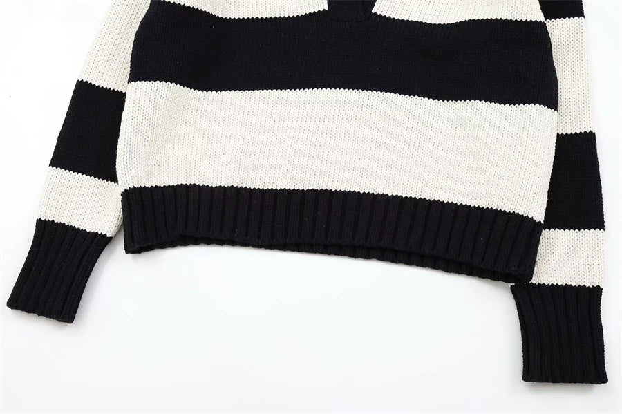 Striped Knit Sweater Vintage Polo Neck Long Sleeve