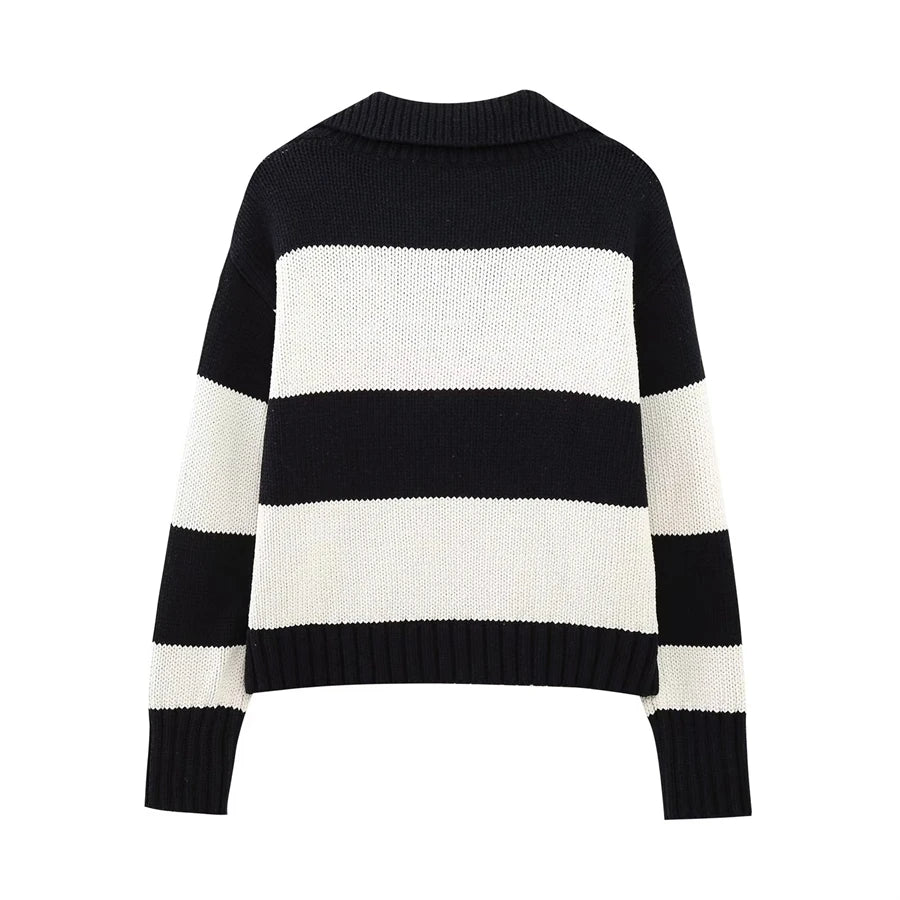 Striped Knit Sweater Vintage Polo Neck Long Sleeve