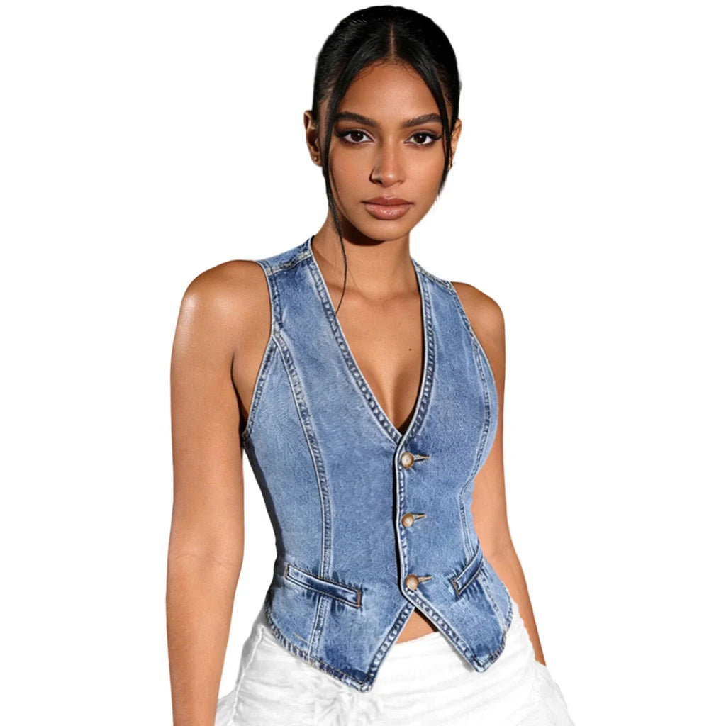 Denim Sleeveless Vest V Neck Slim Fit Button Down Jean Tops Waistcoat Vests
