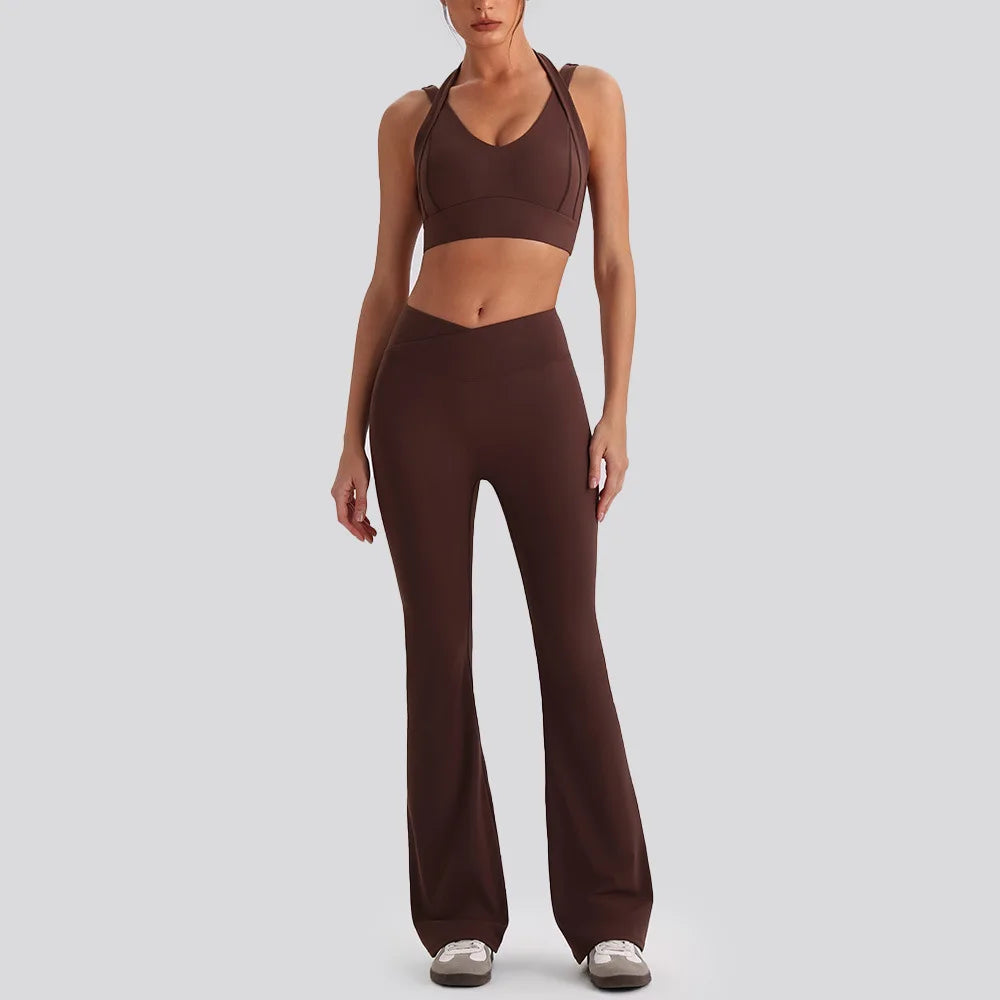 Exercise Sets Backless Sports Tank Top V Shape High Waist Wide Leg Pants