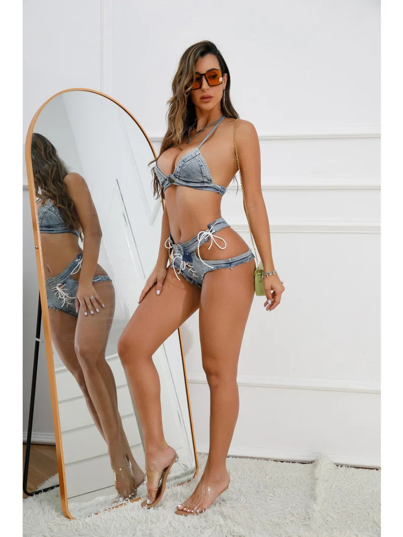 Sexy Hollow Out Women Denim Shorts Hole Bandage Night Club Pole Dance Hot Jeans Lace-Up Shorts