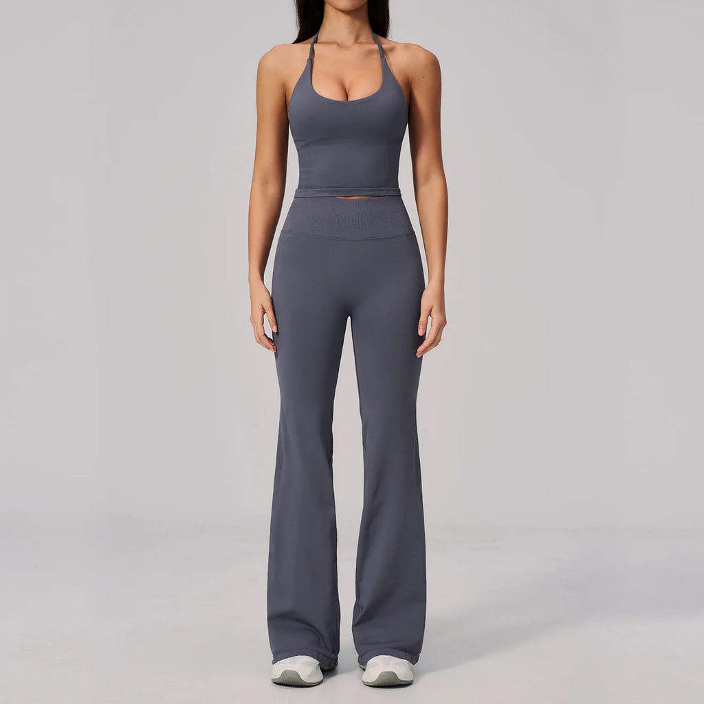 New Yoga Sets Women Seamless Thread Hanging Neck Sports Vest Exercise Fitness Suit High Waist Wide Leg Pants Tracksuit