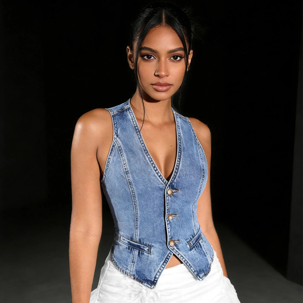 Denim Sleeveless Vest V Neck Slim Fit Button Down Jean Tops Waistcoat Vests