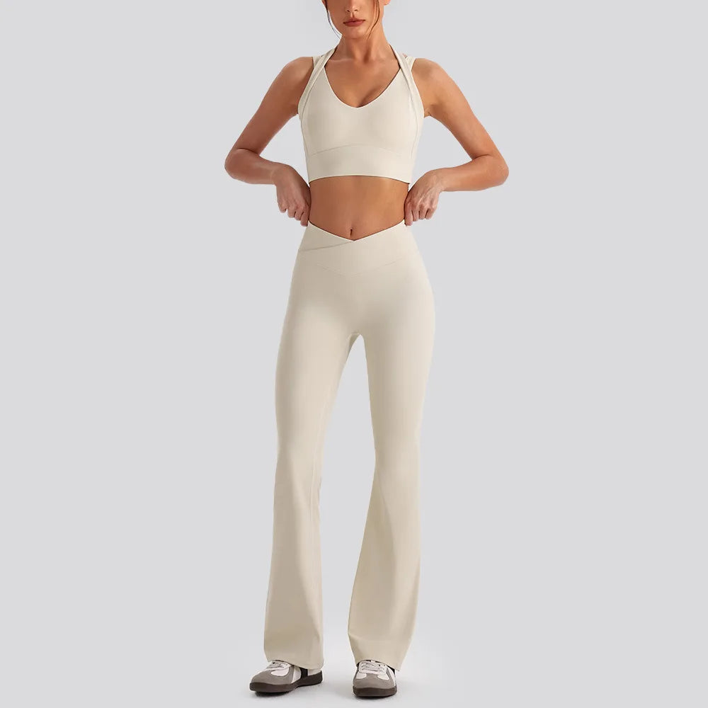 Exercise Sets Backless Sports Tank Top V Shape High Waist Wide Leg Pants