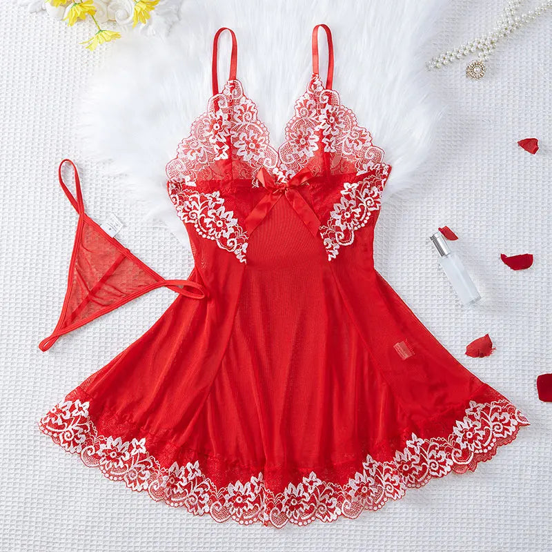 See Through Sexy Deep V Embroidered Nightdress